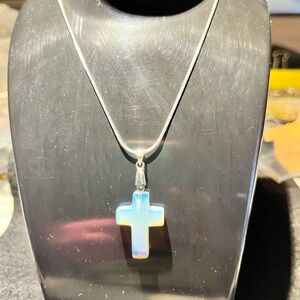 Natural stone Cross Pendant on stamped 925 sterling silver chain